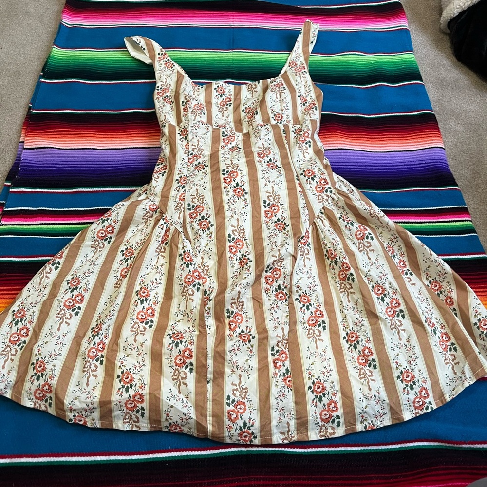 Savannah7s Cream and Tan Floral Stripe Mini Dress
